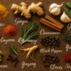Flat lay of 12 anti-inflammatory spices on a rustic wooden table, labeled with elegant white script, including turmeric, ginger, garlic, cinnamon, cayenne, black pepper, rosemary, green tea, cardamom, ginseng, cloves, and saffron.
