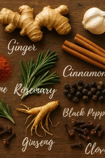 Flat lay of 12 anti-inflammatory spices on a rustic wooden table, labeled with elegant white script, including turmeric, ginger, garlic, cinnamon, cayenne, black pepper, rosemary, green tea, cardamom, ginseng, cloves, and saffron.