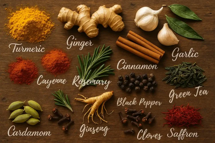 Flat lay of 12 anti-inflammatory spices on a rustic wooden table, labeled with elegant white script, including turmeric, ginger, garlic, cinnamon, cayenne, black pepper, rosemary, green tea, cardamom, ginseng, cloves, and saffron.