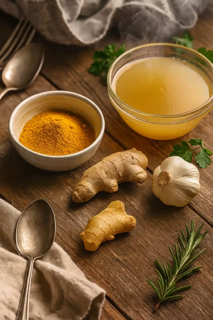 Fresh anti inflammatory chicken soup ingredients including turmeric, ginger, garlic, and bone broth arranged on a rustic wooden table with cozy props.