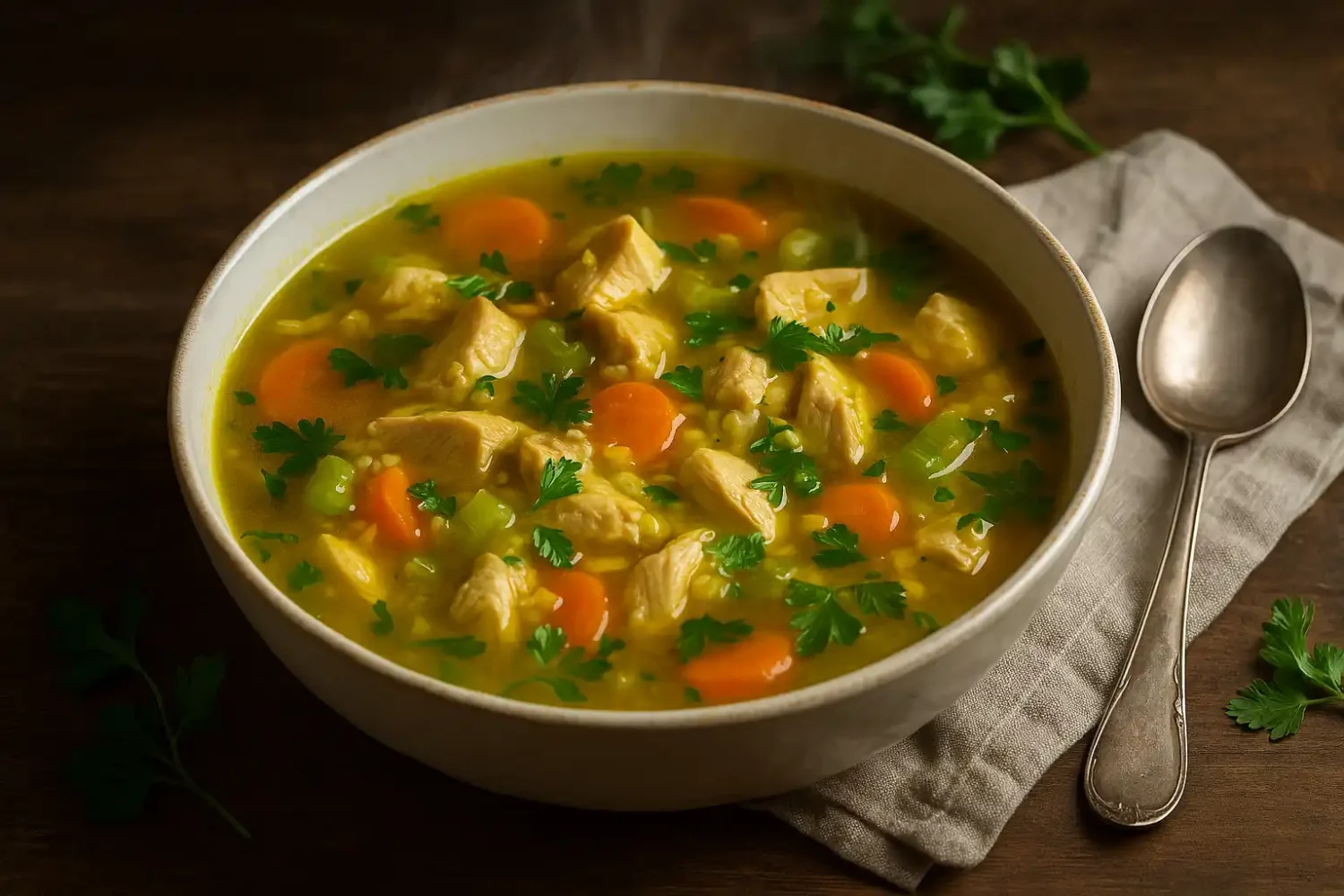 Steaming bowl of anti inflammatory chicken soup with turmeric broth, tender chicken, carrots, celery, and fresh parsley on a rustic wooden table.