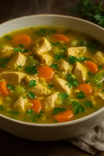Steaming bowl of anti inflammatory chicken soup with turmeric broth, tender chicken, carrots, celery, and fresh parsley on a rustic wooden table.