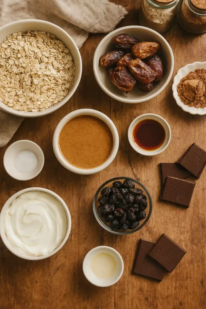 Ingredients for anti-inflammatory energy balls including oats, dates, almond butter, yogurt, cocoa powder, and cherries