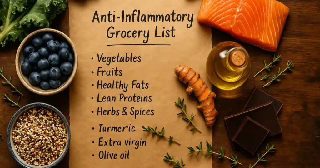Flat lay of an anti-inflammatory grocery list surrounded by healing foods like salmon, blueberries, turmeric, olive oil, quinoa, and dark chocolate