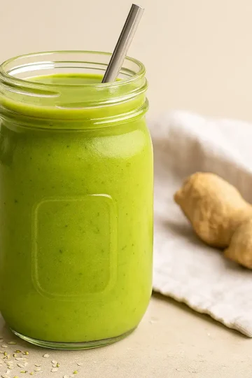 Anti-inflammatory green smoothie in a mason jar with fresh spinach and ginger