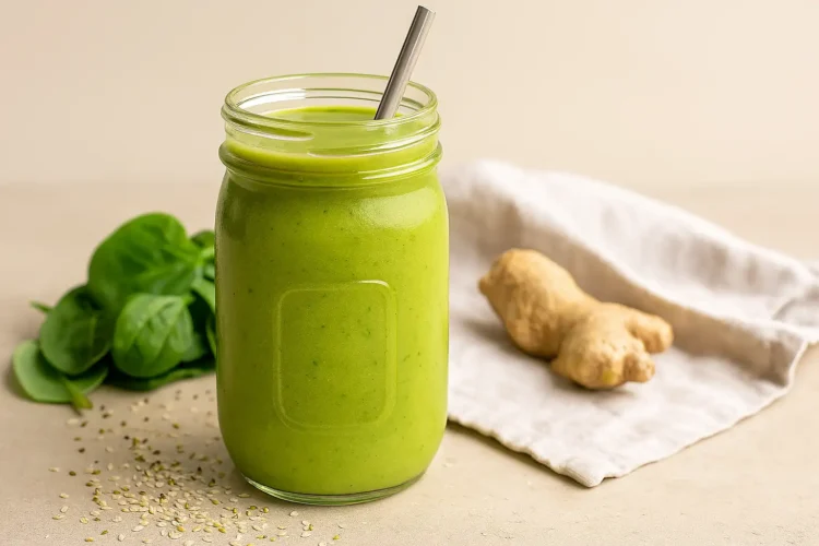Anti-inflammatory green smoothie in a mason jar with fresh spinach and ginger