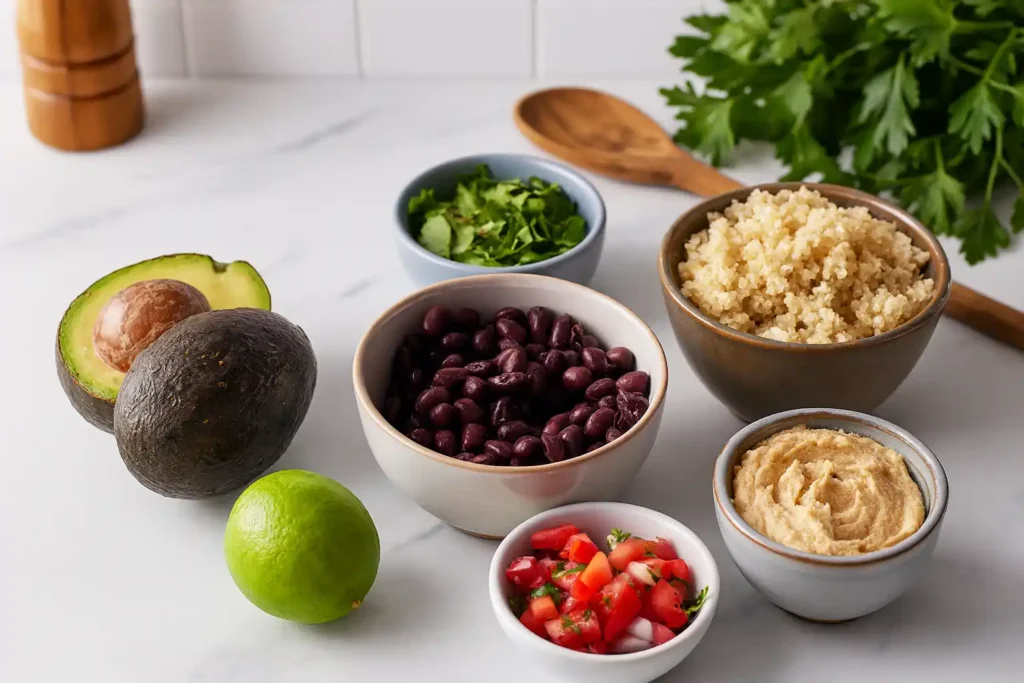 Fresh ingredients for a black bean quinoa bowl, including avocado, lime, cilantro, black beans, quinoa, pico de gallo, and hummus, arranged on a kitchen counter.