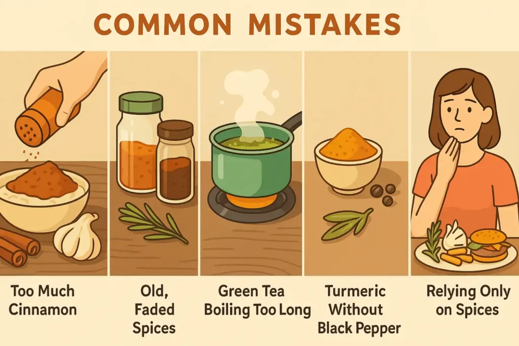 Illustrated infographic showing five common mistakes when using anti-inflammatory spices: adding too much cinnamon, using old faded spices, overboiling green tea, using turmeric without black pepper, and relying only on spices for health.