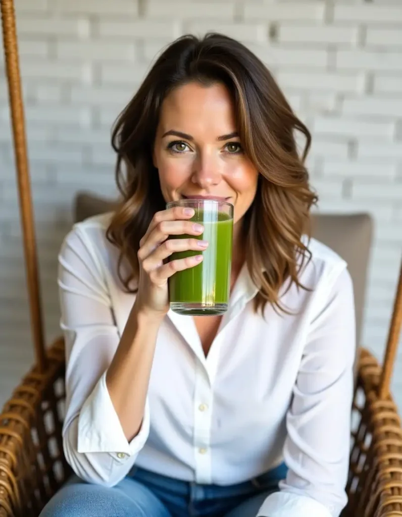 Elena Ben is in a white blouse, sitting in a wicker chair, smiling while sipping an anti-inflammatory green smoothie.