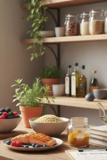 Anti-inflammatory Lifestyle kitchen scene with salmon, berries, tea, quinoa, herbs, and a 7-day wellness checklist on a wooden table.