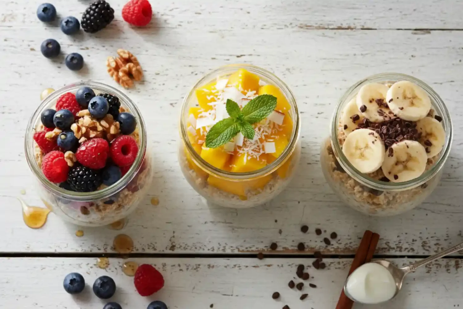 A vibrant flat lay of three anti-inflammatory overnight oats variations in glass jars. Toppings include mixed berries and walnuts, tropical mango with coconut, and banana with chocolate, all beautifully arranged on a rustic white wood table.