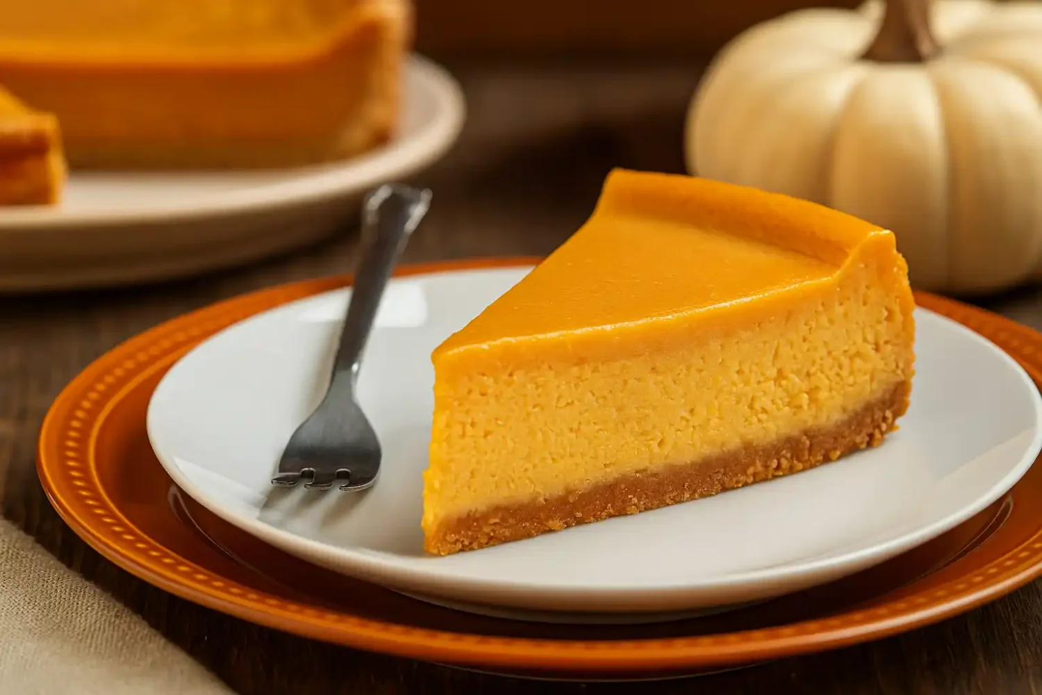 Slice of anti-inflammatory pumpkin pie with almond-cassava crust on a white plate