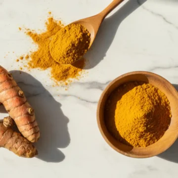Turmeric benefits shown through fresh roots and golden powder rich in curcumin, highlighting its anti-inflammatory and antioxidant properties.