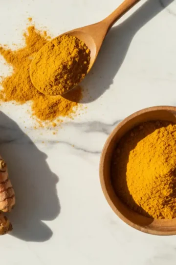 Turmeric benefits shown through fresh roots and golden powder rich in curcumin, highlighting its anti-inflammatory and antioxidant properties.