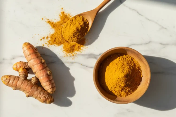 Turmeric benefits shown through fresh roots and golden powder rich in curcumin, highlighting its anti-inflammatory and antioxidant properties.
