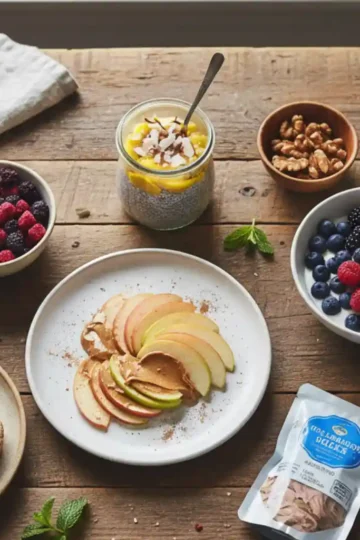 Rustic wooden table with anti-inflammatory snacks including avocado toast, apple slices with almond butter, chia pudding, yogurt with berries, walnuts, green tea, and a tuna pouch.