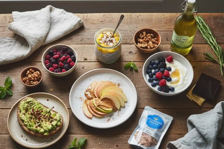 Rustic wooden table with anti-inflammatory snacks including avocado toast, apple slices with almond butter, chia pudding, yogurt with berries, walnuts, green tea, and a tuna pouch.