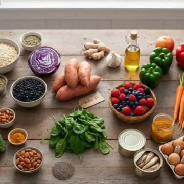Flat lay of 30 budget anti-inflammatory foods under $5, including oats, sweet potatoes, spinach, berries, eggs, olive oil, legumes, broccoli, turmeric, and garlic on a rustic wooden table
