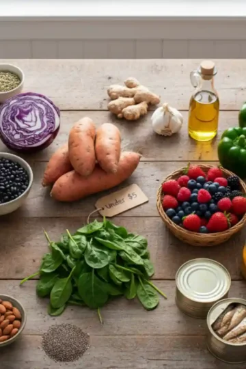 Flat lay of 30 budget anti-inflammatory foods under $5, including oats, sweet potatoes, spinach, berries, eggs, olive oil, legumes, broccoli, turmeric, and garlic on a rustic wooden table