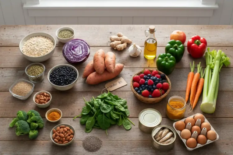 Flat lay of 30 budget anti-inflammatory foods under $5, including oats, sweet potatoes, spinach, berries, eggs, olive oil, legumes, broccoli, turmeric, and garlic on a rustic wooden table