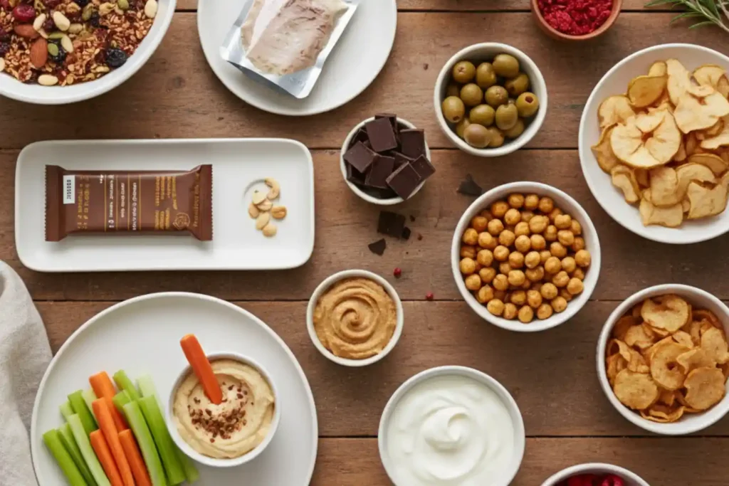 Overhead view of anti-inflammatory store-bought snacks, including hummus with veggie sticks, dark chocolate, olives, yogurt, roasted chickpeas, apple chips, a protein bar, and a tuna pouch on a rustic wooden table.