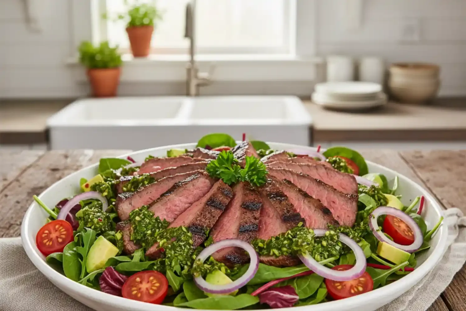 Chimichurri steak salad with grilled flank steak slices over fresh greens, cherry tomatoes, avocado, and red onion topped with vibrant green chimichurri sauce in a white bowl.