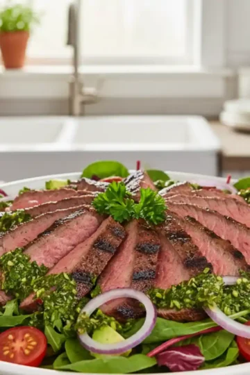 Chimichurri steak salad with grilled flank steak slices over fresh greens, cherry tomatoes, avocado, and red onion topped with vibrant green chimichurri sauce in a white bowl.