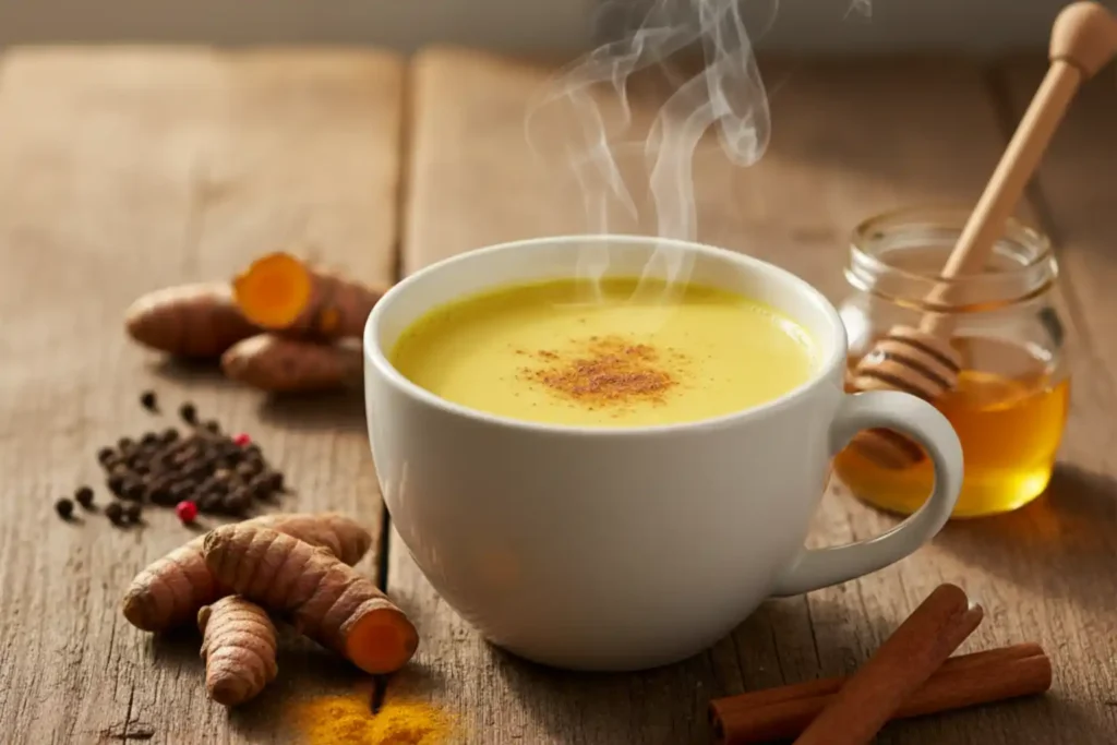 Golden milk turmeric latte with honey, cinnamon, and black pepper showing turmeric benefits for inflammation relief, sleep, and relaxation.