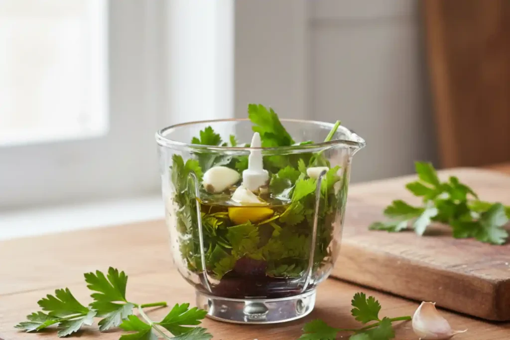 Fresh parsley, cilantro, garlic, and olive oil in a glass blender cup, ready to make homemade chimichurri dressing on a wooden kitchen counter.