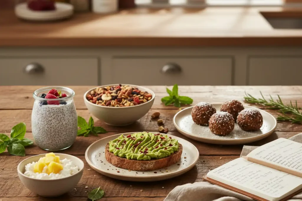A rustic wooden table in a warm kitchen setting, featuring a variety of homemade anti-inflammatory snacks like avocado toast, no-bake energy bites, a bowl of trail mix, and chia seed pudding.