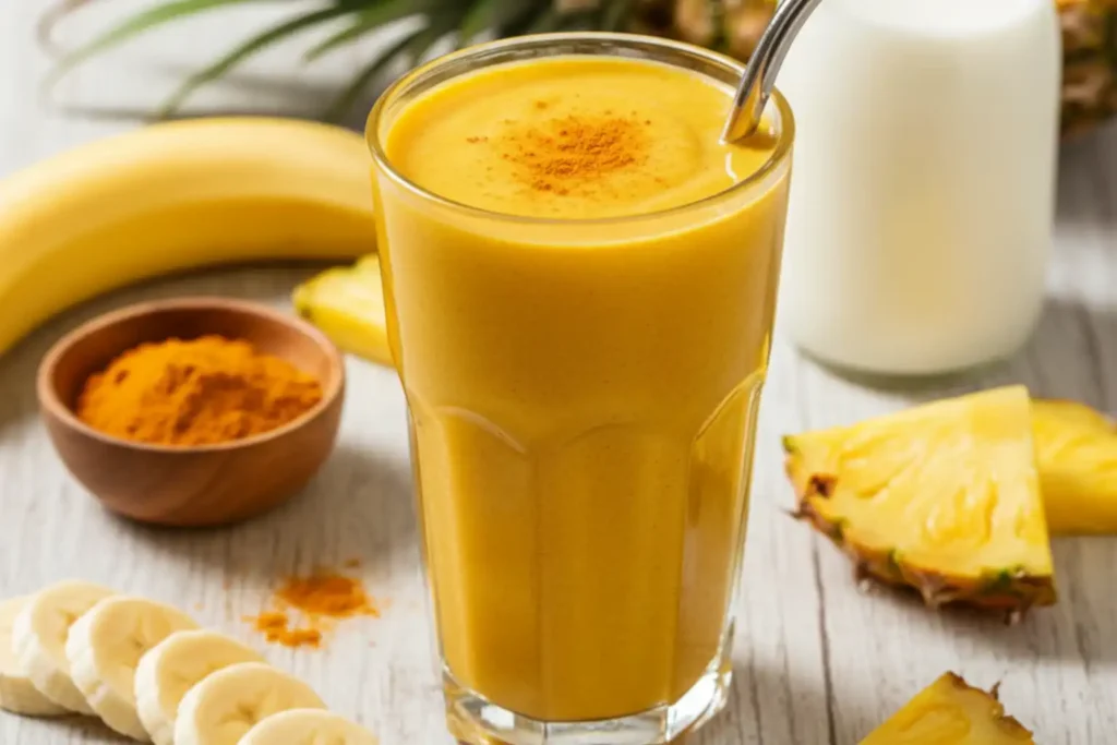 Turmeric smoothie with banana, pineapple, and milk showing turmeric benefits for inflammation, recovery, and overall wellness.