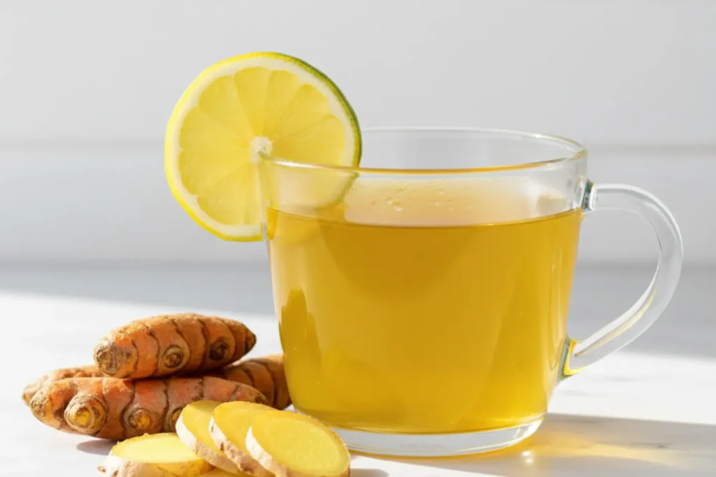 Turmeric tea with lemon slice and fresh turmeric root showing turmeric benefits for inflammation, digestion, and immune health.