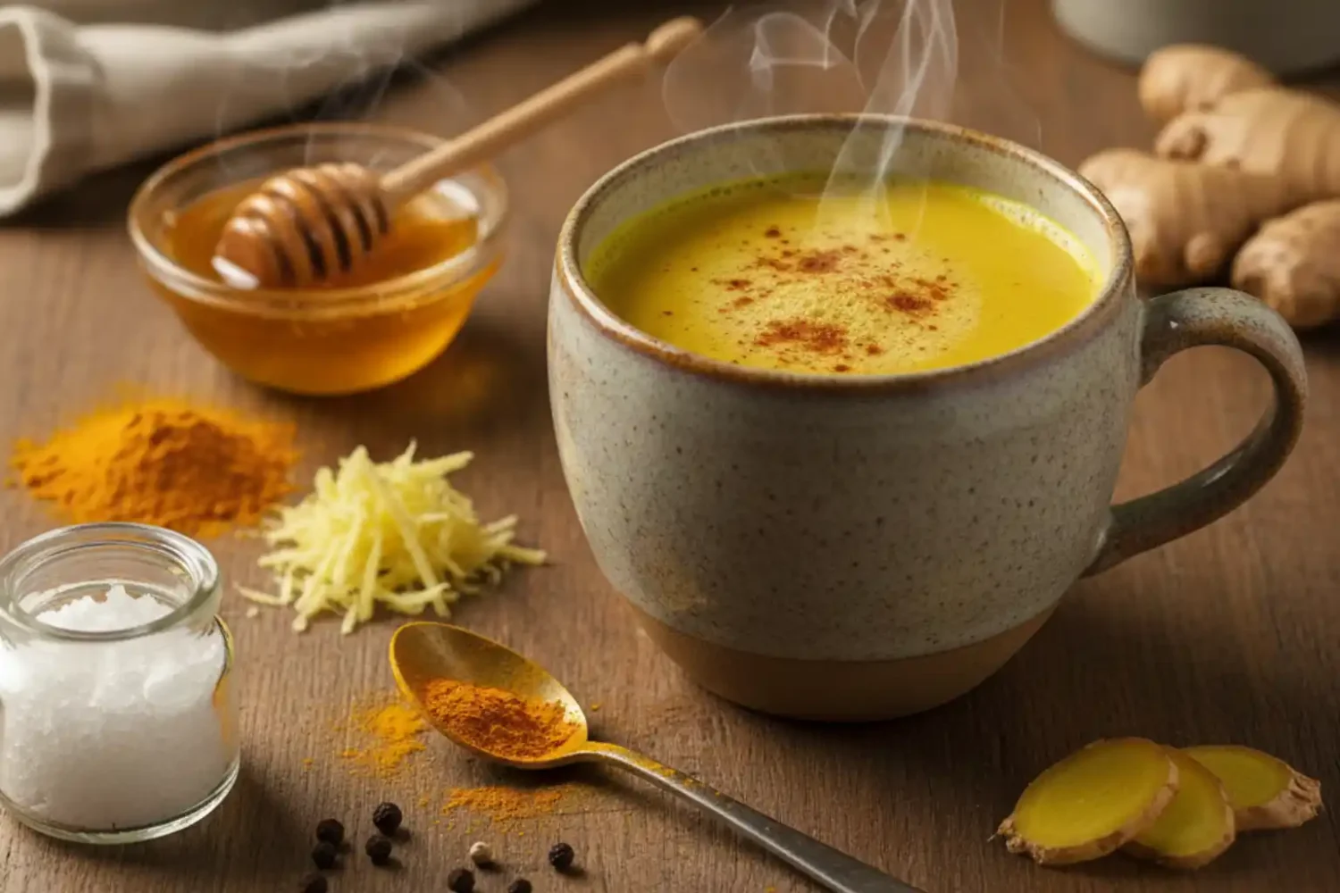A warm ceramic mug filled with steaming golden milk (Haldi Doodh) on a rustic wooden table, surrounded by turmeric, honey, grated ginger, and black pepper, glowing softly in natural morning light.