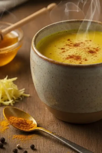 A warm ceramic mug filled with steaming golden milk (Haldi Doodh) on a rustic wooden table, surrounded by turmeric, honey, grated ginger, and black pepper, glowing softly in natural morning light.