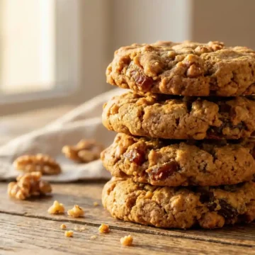 Homemade anti-inflammatory cookies made with walnuts, Medjool dates, flax, and cinnamon, stacked on a rustic wooden table in warm natural light.