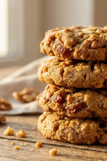 Homemade anti-inflammatory cookies made with walnuts, Medjool dates, flax, and cinnamon, stacked on a rustic wooden table in warm natural light.