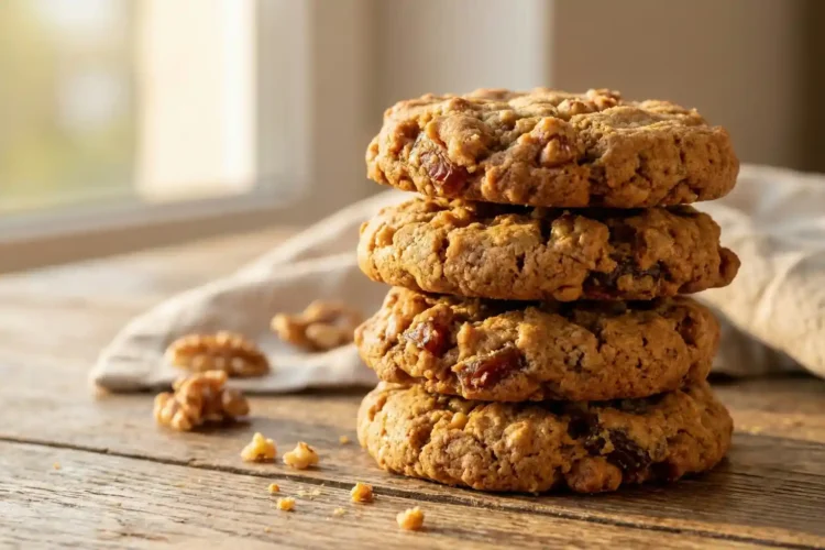Homemade anti-inflammatory cookies made with walnuts, Medjool dates, flax, and cinnamon, stacked on a rustic wooden table in warm natural light.