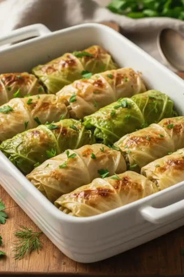 A white ceramic baking dish filled with golden-brown cabbage rolls wrapped in tender leaves, sprinkled with fresh parsley and dill, resting on a wooden board, nightshade-free, AIP, Paleo, Whole30, and Keto-friendly.