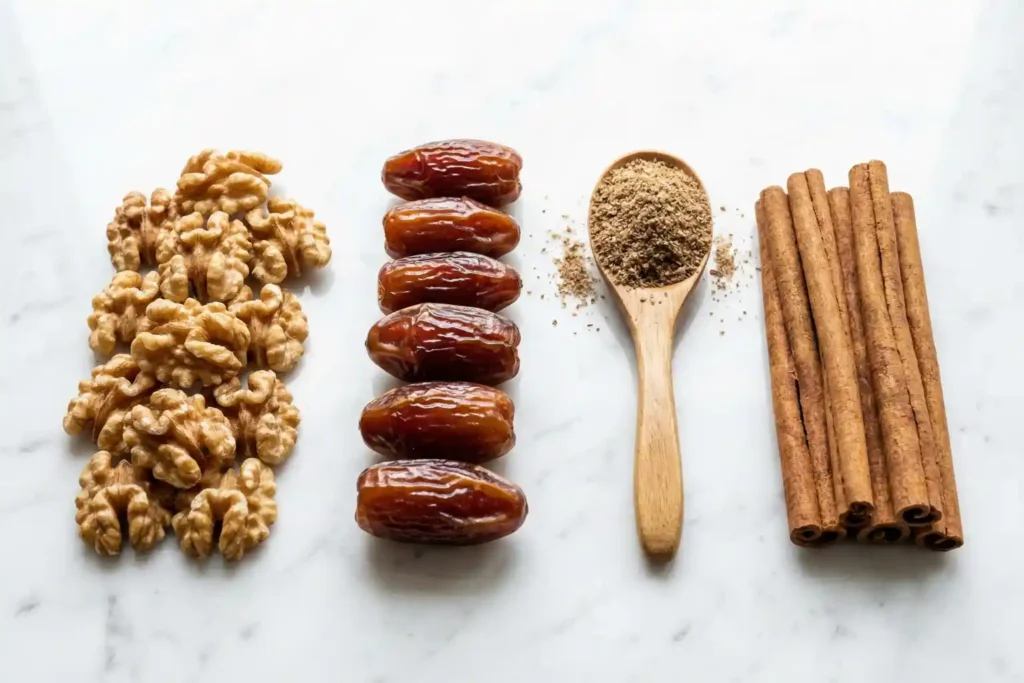 Flat lay of walnuts, Medjool dates, ground flax in a wooden spoon, and cinnamon sticks on a white marble surface for anti-inflammatory cookie ingredients.