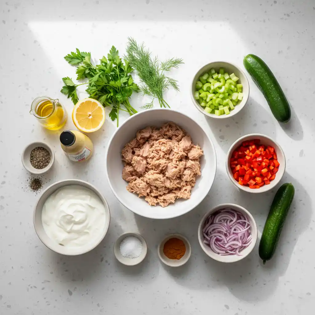 Ingredients for healthy anti-inflammatory tuna salad including tuna, Greek yogurt, olive oil, and fresh vegetables