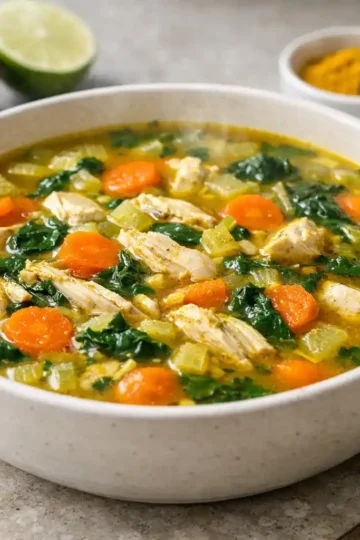 Anti inflammatory turmeric chicken soup in a bowl