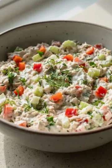 Healthy anti-inflammatory tuna salad made with Greek yogurt and fresh vegetables in a bowl