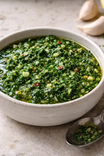 Chimichurri sauce recipe in a bowl with fresh herbs