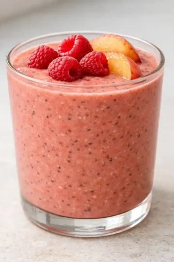 Raspberry peach chia seed smoothie in a glass with fresh fruit on top