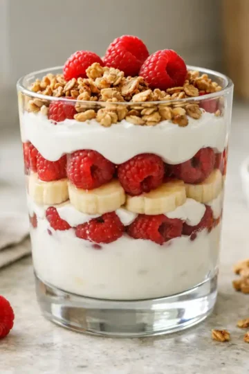 raspberry banana yogurt parfait layered in a glass