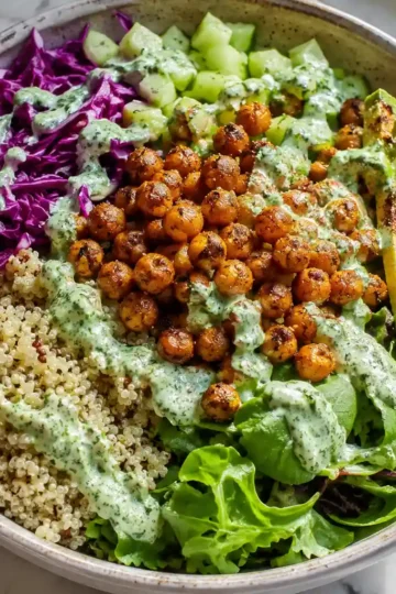 Chickpea Bowl with quinoa, avocado, and green goddess dressing